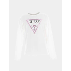 T-shirt Ă Manches Longues Logo Rose Blanc Enfant - Guess